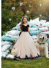 Long Sleeves Black Lace Champagne Tulle Flower Girl Dress